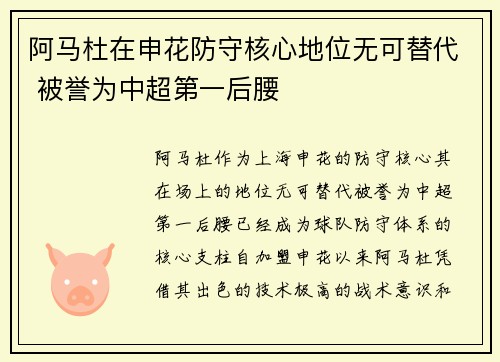 阿马杜在申花防守核心地位无可替代 被誉为中超第一后腰 阿马杜在申花防守核心地位无可替代 被誉为中超第一后腰