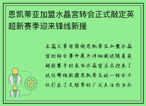 恩凯蒂亚加盟水晶宫转会正式敲定英超新赛季迎来锋线新援 恩凯蒂亚加盟水晶宫转会正式敲定英超新赛季迎来锋线新援